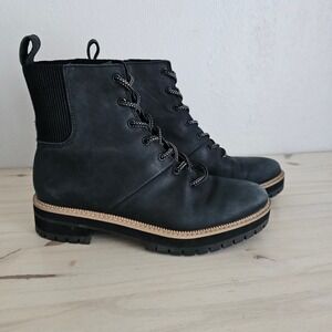 TOMS Women's Frankie Black Leather Lace Up Combat Lug Sole Boots Size 9.5